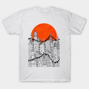 As the red sun rises over the rooftop T-Shirt